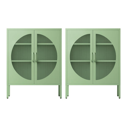 2x Buffet Sideboard Cabinet ELSA Cupboard Storage Mesh Doors Metal Green