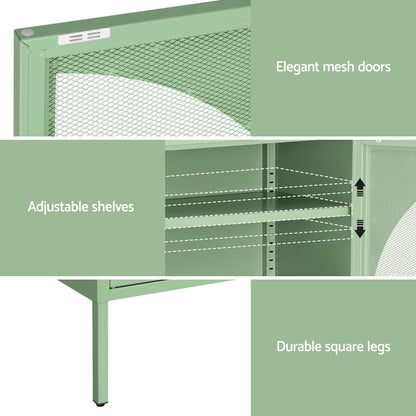 2x Buffet Sideboard Cabinet ELSA Cupboard Storage Mesh Doors Metal Green
