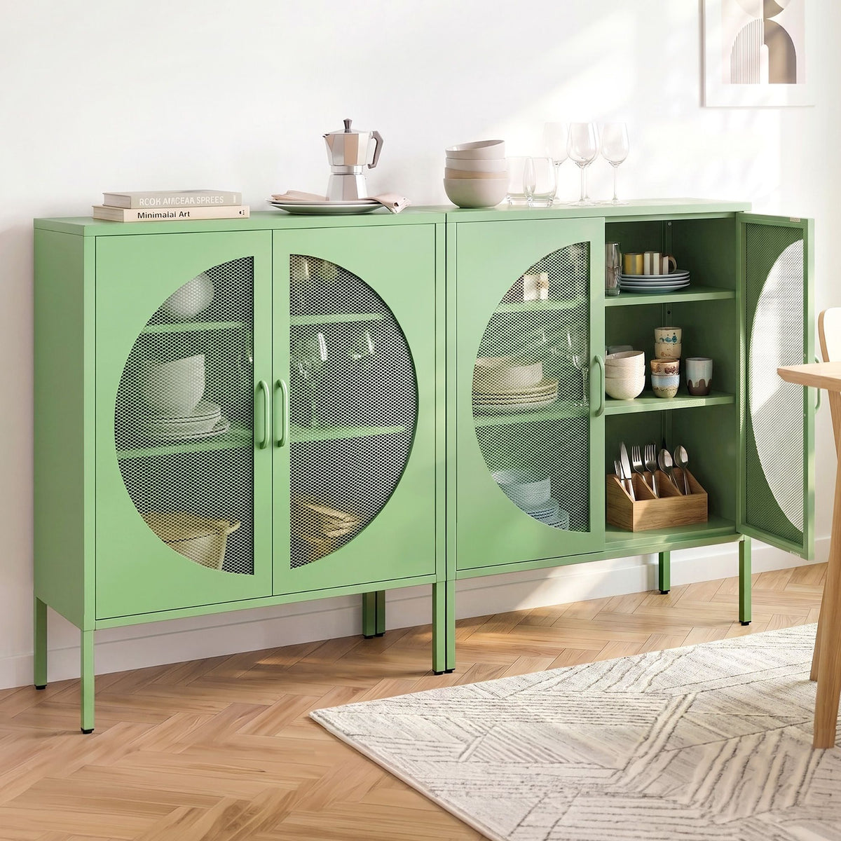 2x Buffet Sideboard Cabinet ELSA Cupboard Storage Mesh Doors Metal Green
