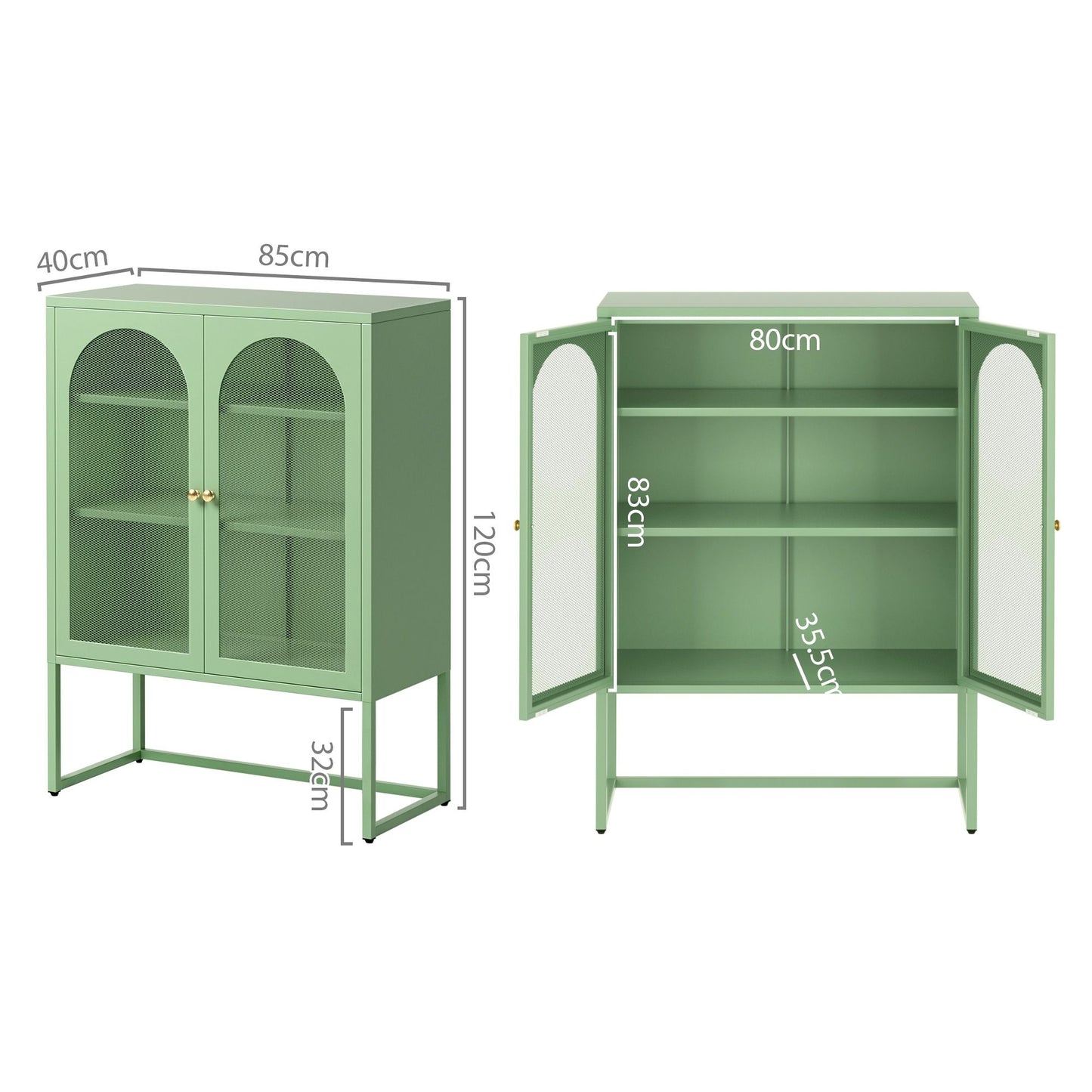 2x Buffet Sideboard Cabinet ELMA Cupboard Storage Mesh Doors Metal Green