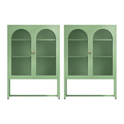2x Buffet Sideboard Cabinet ELMA Cupboard Storage Mesh Doors Metal Green