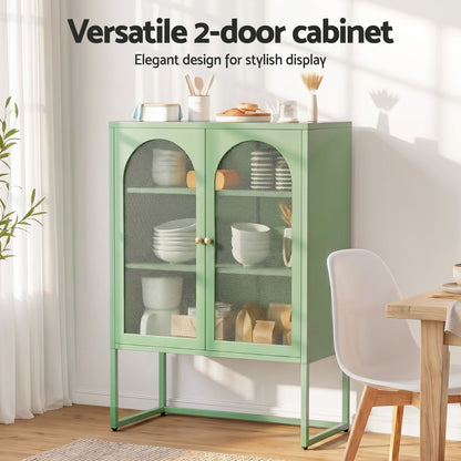 2x Buffet Sideboard Cabinet ELMA Cupboard Storage Mesh Doors Metal Green