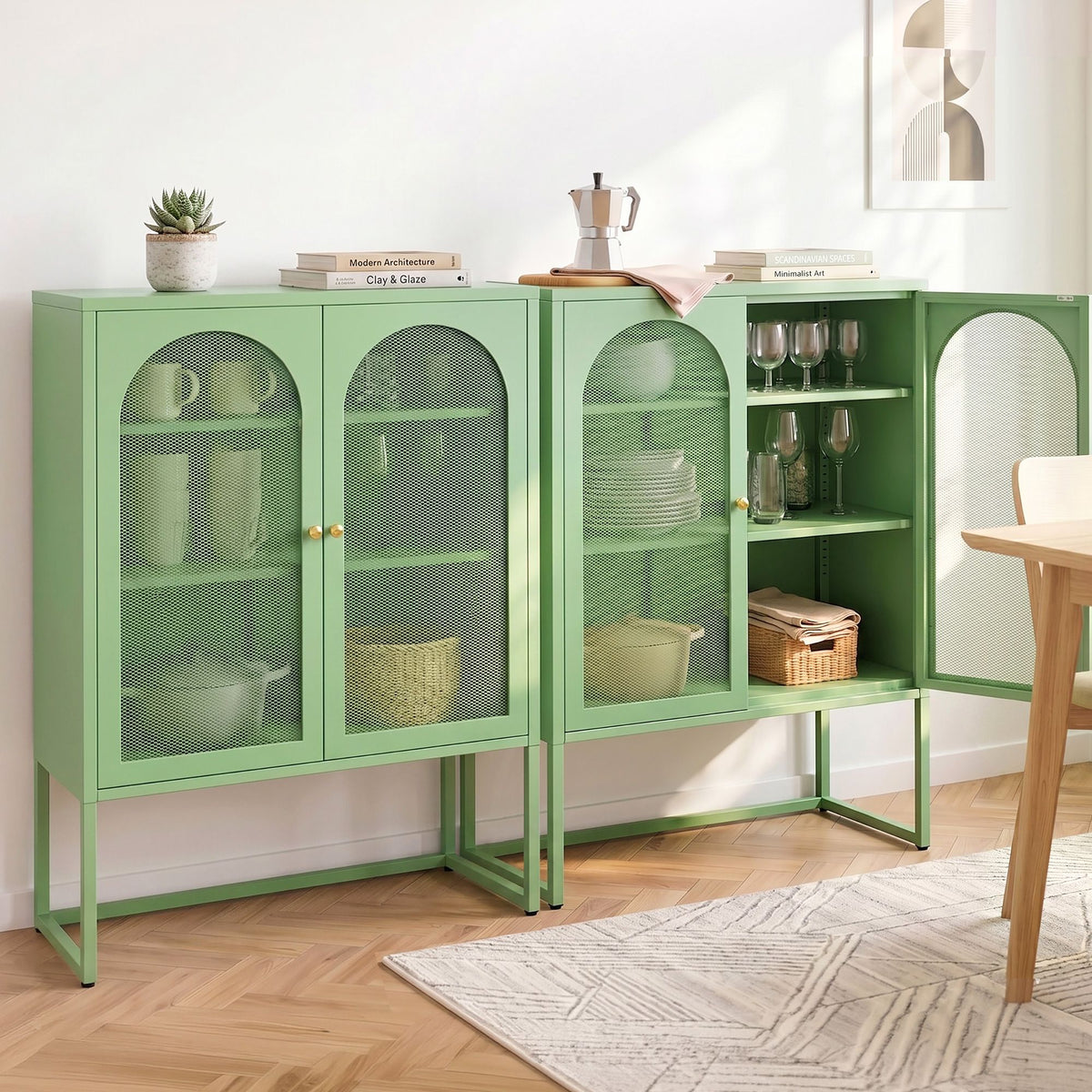 Green 2x buffet sideboard cabinet cupboard storage mesh doors metal green 85cm x 40cm x 120cm - home storage cabinet Australia