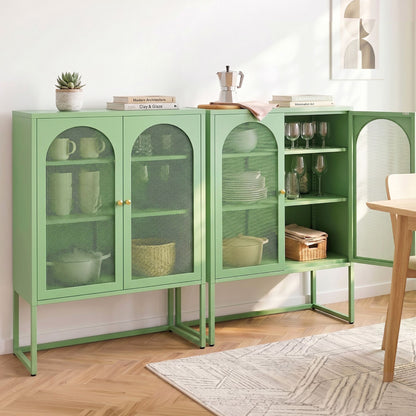2x Buffet Sideboard Cabinet ELMA Cupboard Storage Mesh Doors Metal Green