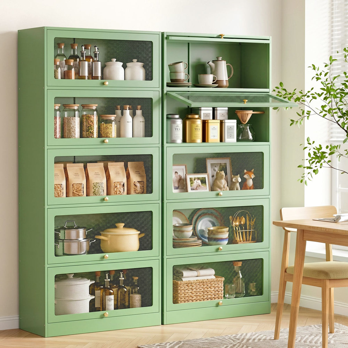 Green 2x buffet sideboard cabinet storage cupboard mesh doors metal green 79cm x 32cm x 175cm - home storage cabinet Australia