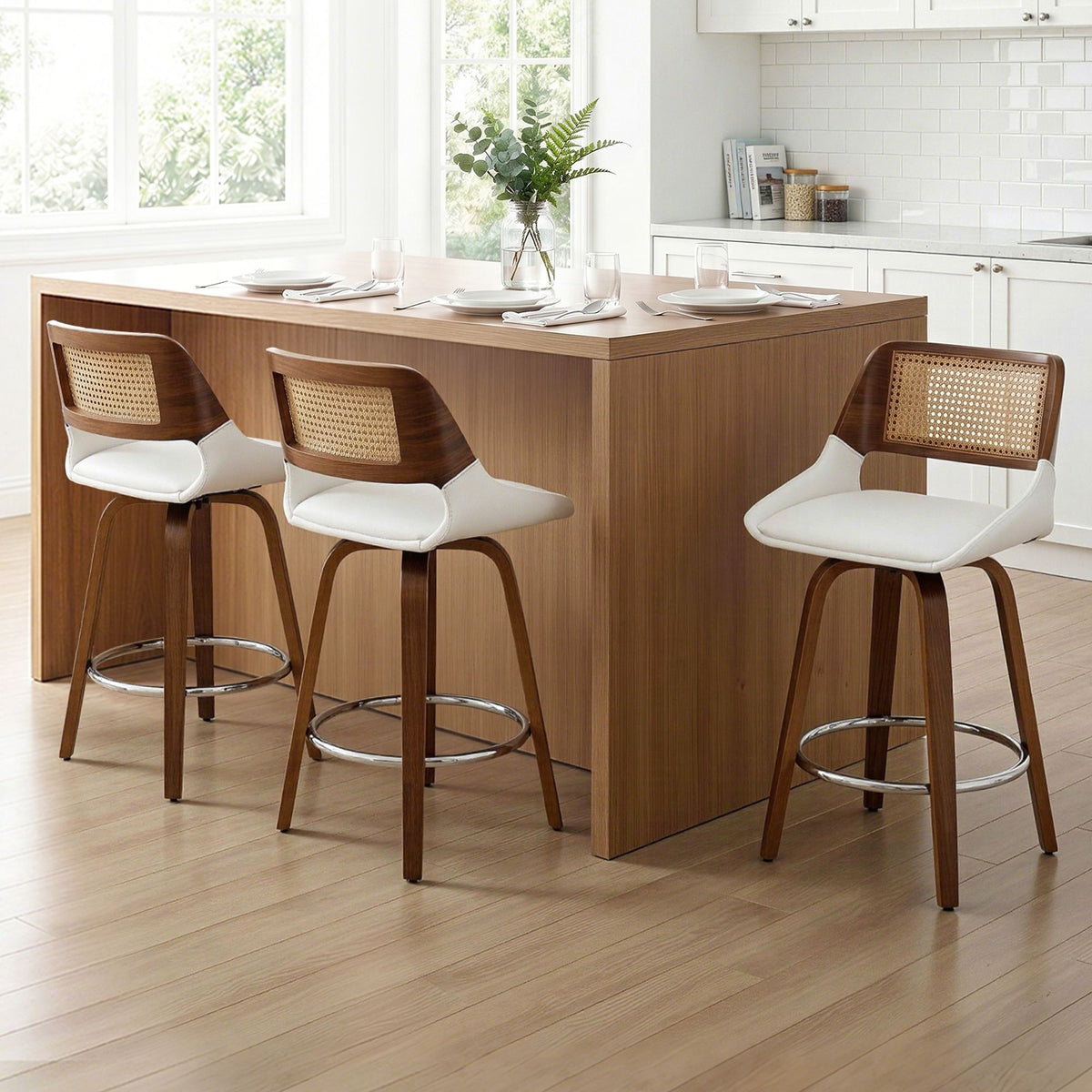 Swivel Bar Stools Set of 3 – 60cm Rattan & White