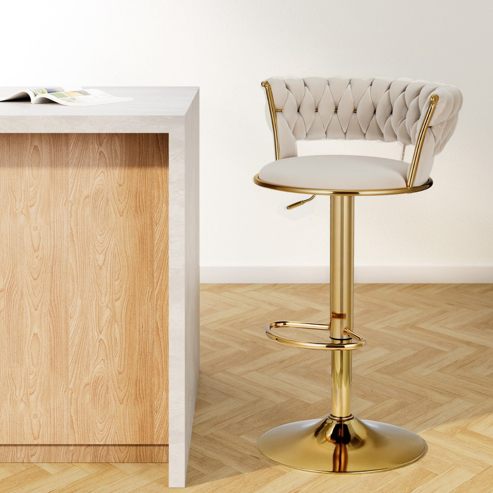 Artiss Bar Stools Gas Lift Velvet Woven Backrest Ivory - Furniture > Bar Stools & Chairs > Table & Bar Stools