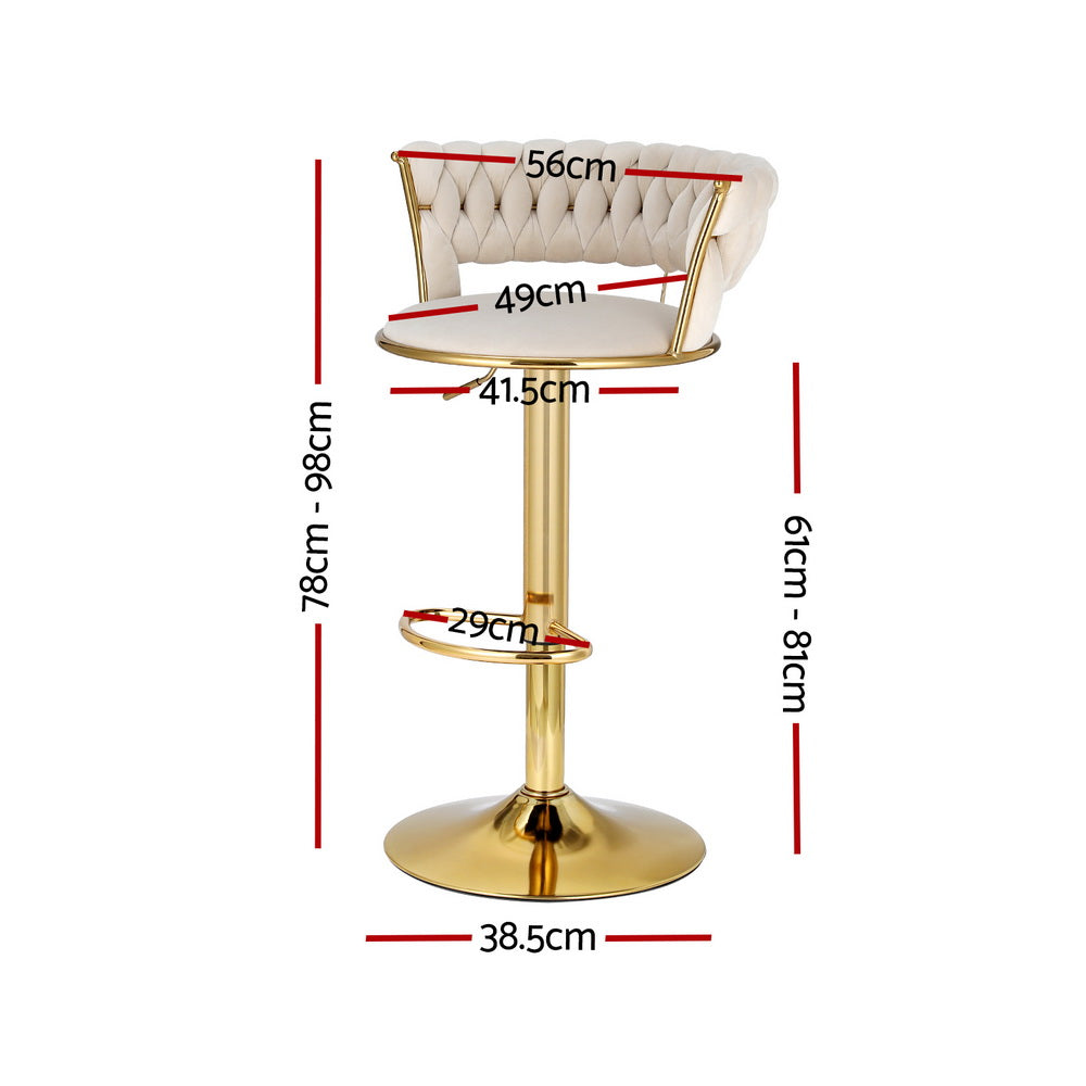 Artiss Bar Stools Gas Lift Velvet Woven Backrest Ivory - Furniture > Bar Stools & Chairs > Table & Bar Stools
