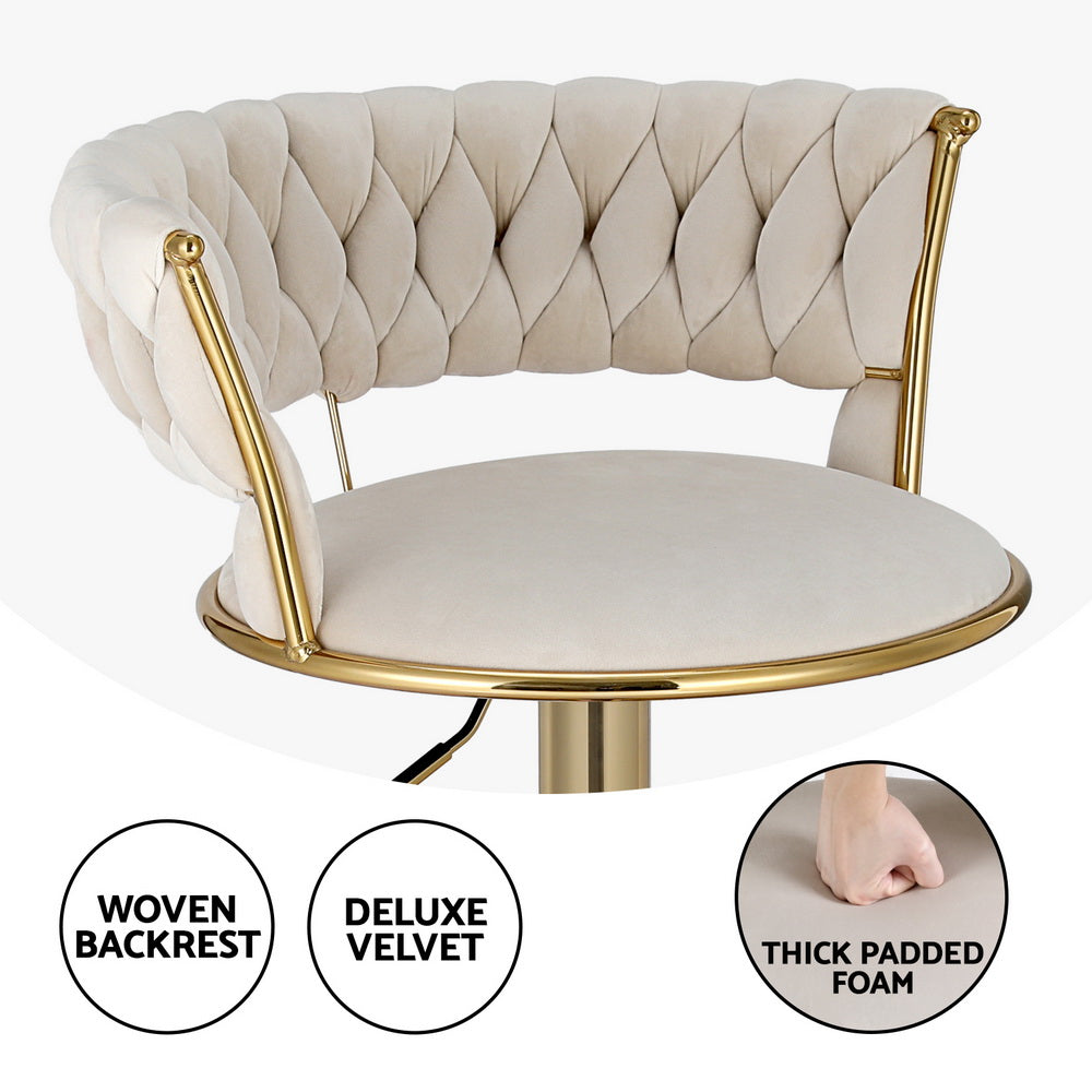 Artiss Bar Stools Gas Lift Velvet Woven Backrest Ivory - Furniture > Bar Stools & Chairs > Table & Bar Stools
