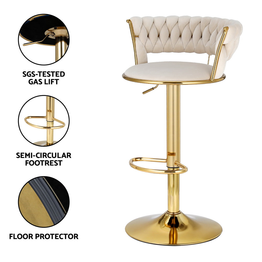 Artiss Bar Stools Gas Lift Velvet Woven Backrest Ivory - Furniture > Bar Stools & Chairs > Table & Bar Stools