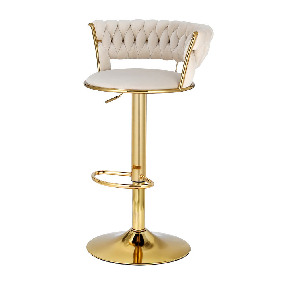 Artiss Bar Stools Gas Lift Velvet Woven Backrest Ivory - Furniture > Bar Stools & Chairs > Table & Bar Stools