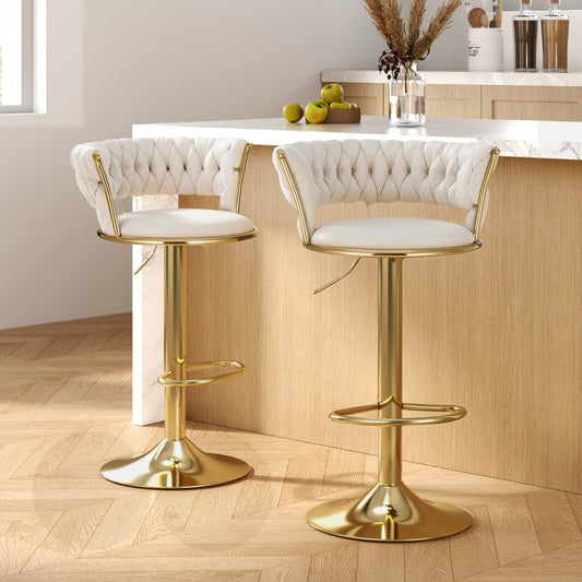 Artiss 2x Bar Stools Gas Lift Velvet Woven Backrest Ivory - Furniture > Bar Stools & Chairs > Table & Bar Stools