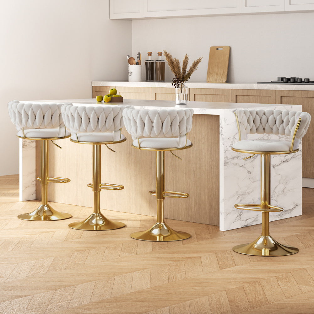 Artiss 4x Bar Stools Gas Lift Velvet Woven Backrest Ivory - Furniture > Bar Stools & Chairs > Table & Bar Stools