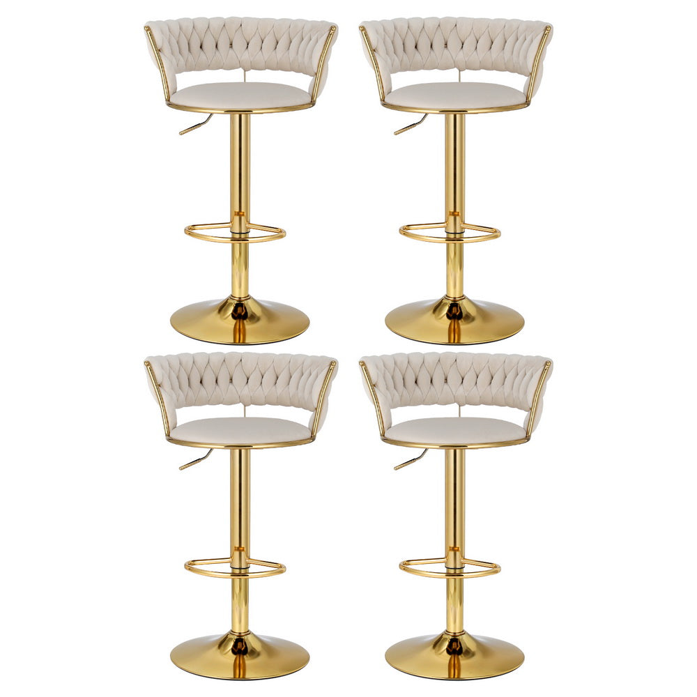 Artiss 4x Bar Stools Gas Lift Velvet Woven Backrest Ivory - Furniture > Bar Stools & Chairs > Table & Bar Stools
