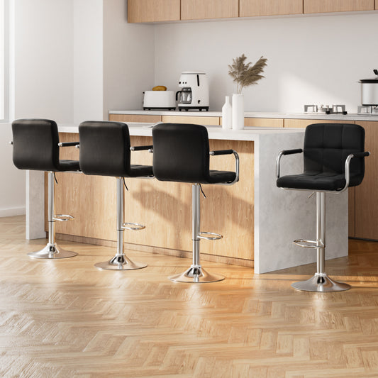 Artiss 4x Bar Stools Leather Gas Lift w/Armrest Black - Furniture > Bar Stools & Chairs > Table & Bar Stools