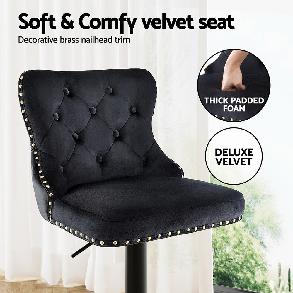 Artiss 1x Velvet Bar Stool Adjustable Height Nailhead Trim Kitchen Counter Stool - Furniture > Bar Stools & Chairs >