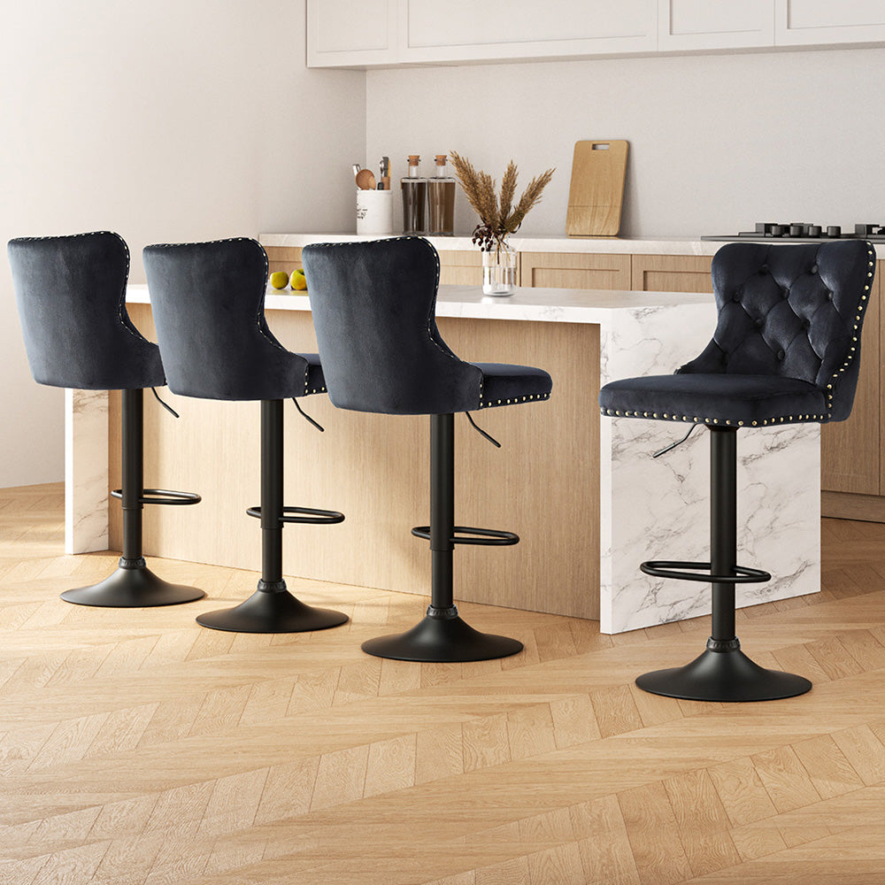 4x Velvet Bar Stool Adjustable Height Nailhead Trim Kitchen Counter Stool - Furniture > Bar Stools & Chairs > Table &
