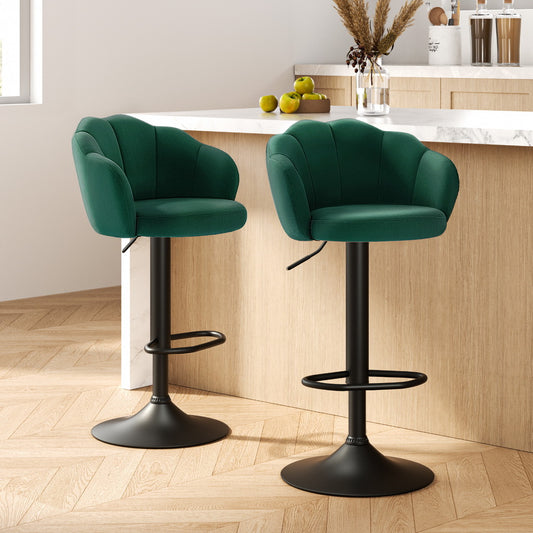 Artiss 2x Bar Stools Gas Lift Velvet Green - Furniture > Bar Stools & Chairs > Table & Bar Stools