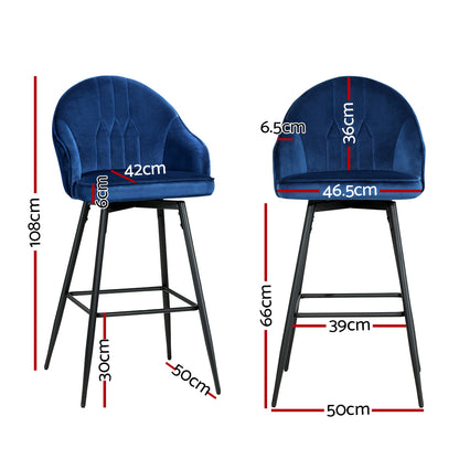 Artiss 2x Bar Stools Velvet Swivel Metal Legs Blue - Furniture > Bar Stools & Chairs > Table & Bar Stools