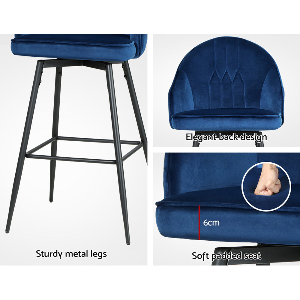 Artiss 2x Bar Stools Velvet Swivel Metal Legs Blue - Furniture > Bar Stools & Chairs > Table & Bar Stools