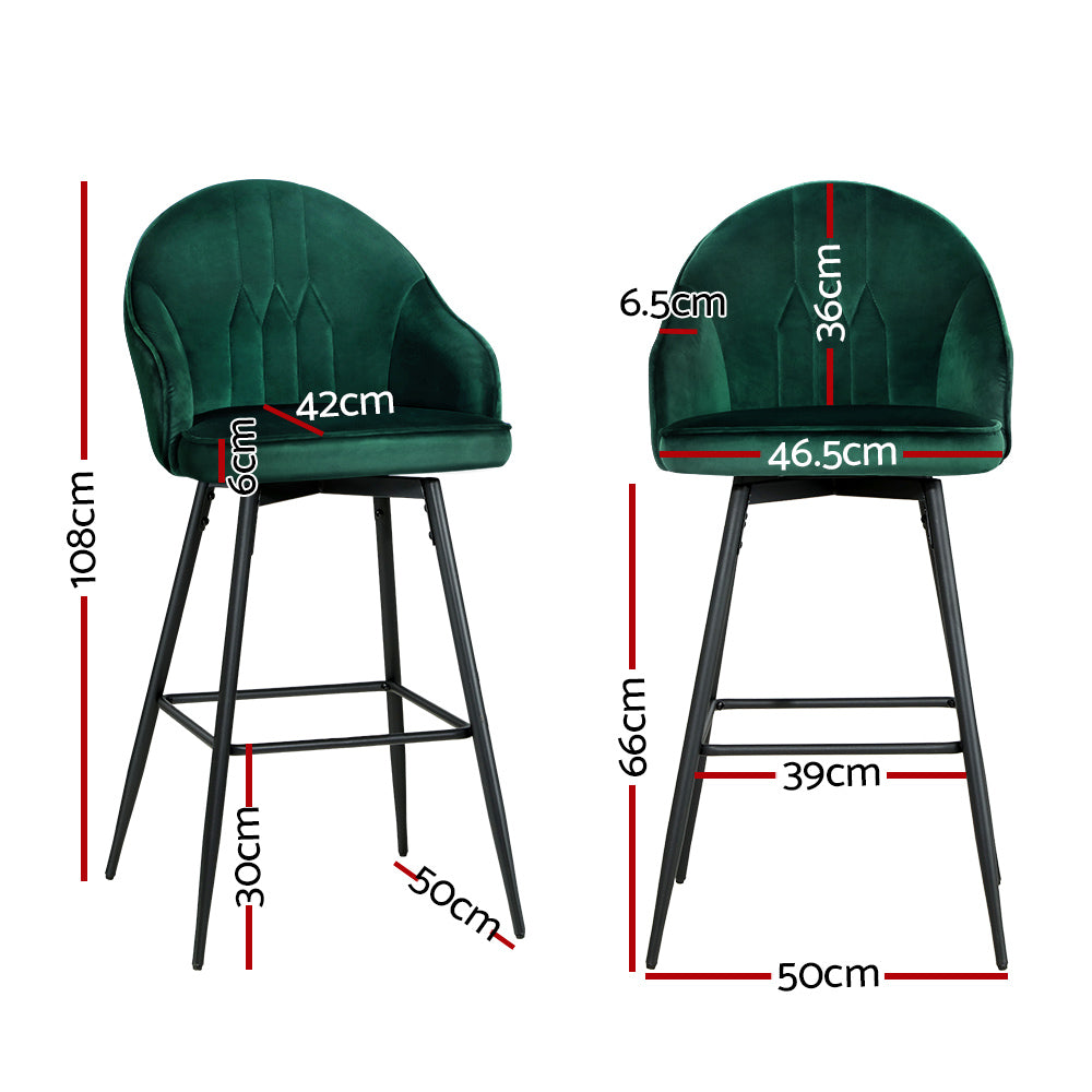Artiss 2x Bar Stools Velvet Swivel Metal Legs Green - Furniture > Bar Stools & Chairs > Table & Bar Stools