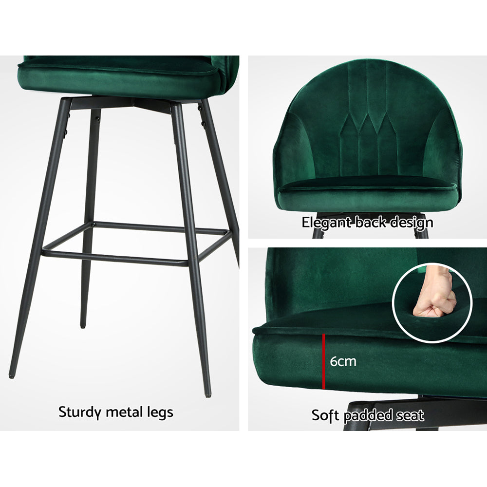 Artiss 2x Bar Stools Velvet Swivel Metal Legs Green - Furniture > Bar Stools & Chairs > Table & Bar Stools