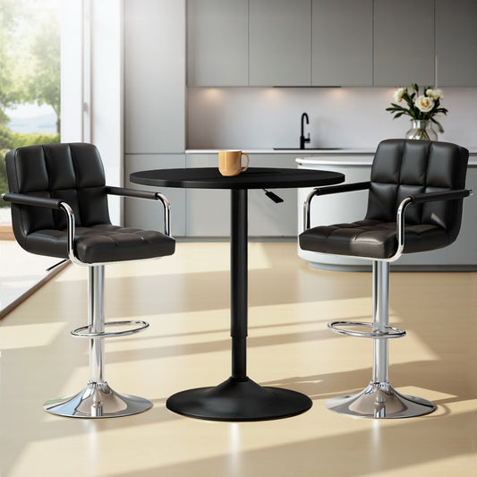 Black bar table and 2 stools set - gas lift black - Table: 60cm diameter x 71-91cm, base 47cm; Stools: 43cm (W) x 39cm (D) x 31cm,