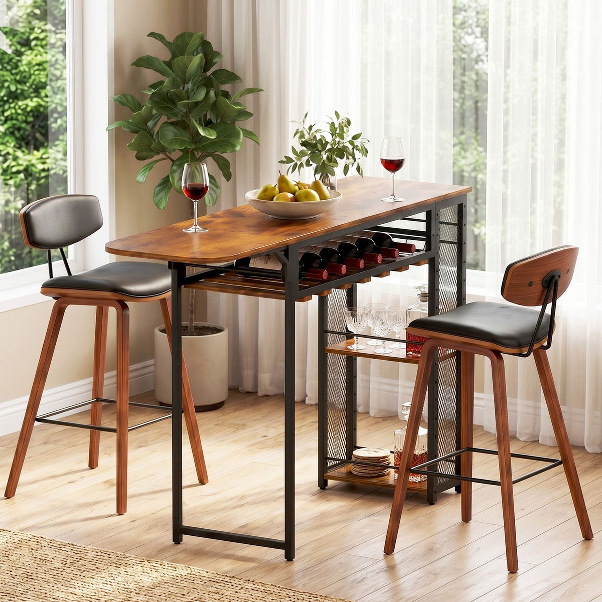 3-Piece Bar Table & Stool Set – Solid Wood & PU Leather Seats