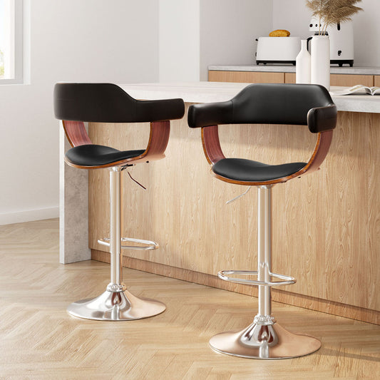 Artiss 2x Bar Stools Gas Lift Leather w/Armrest Black - Furniture > Bar Stools & Chairs > Table & Bar Stools