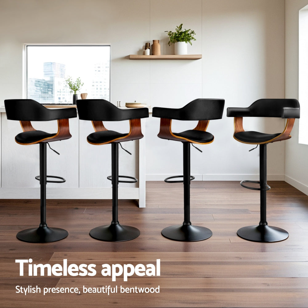 Artiss 4x Bar Stools Gas Lift Leather w/Armrest All Black - Furniture > Bar Stools & Chairs > Table & Bar Stools