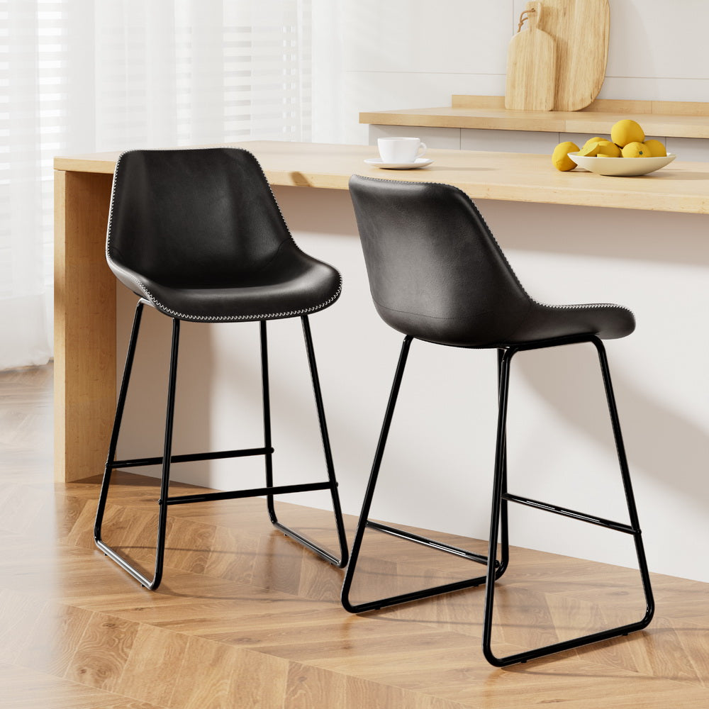 Bar Stools Kitchen Counter Barstools Leather Metal Chairs Black x2 - Furniture > Bar Stools & Chairs > Table & Bar