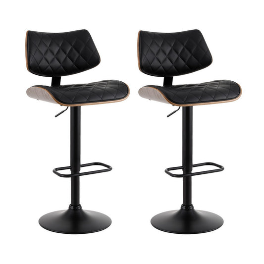 Artiss 2x Bar Stools Kitchen Dining Chairs Gas Lift Stool Wooden Leather Black - Furniture > Bar Stools & Chairs >