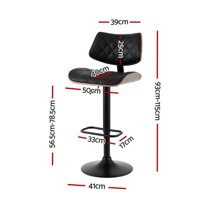 Artiss 2x Bar Stools Kitchen Dining Chairs Gas Lift Stool Wooden Leather Black - Furniture > Bar Stools & Chairs >