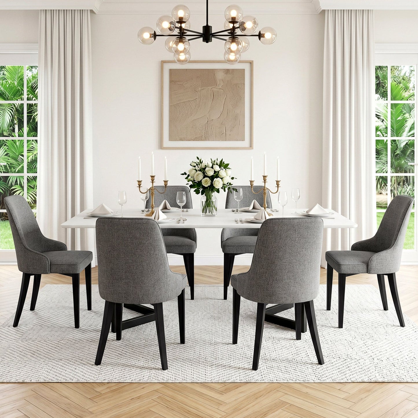 Dining Chairs Set of 6 Linen Fabric Grey