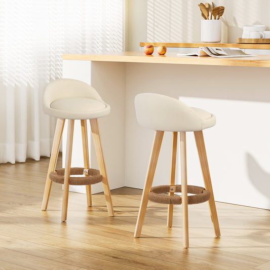 Artiss 2x Bar Stools Padded Leather Wooden Beige Furniture > Bar Stools & Chairs > Table & Bar Stools