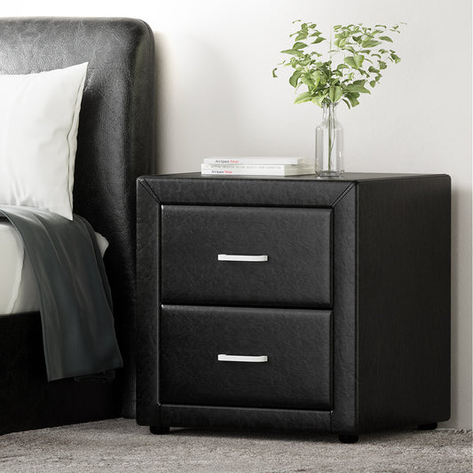 Artiss Bedside Table 2 Drawers Side Table Leather - CADEN Black - Furniture > Bedroom > Bedside Tables