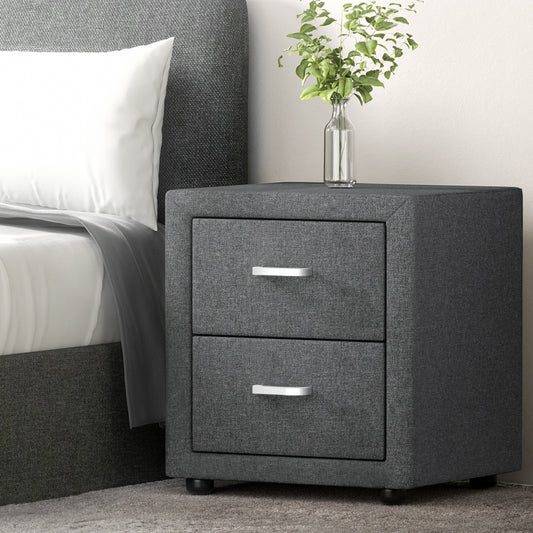 Artiss Bedside Table 2 Drawers Fabric - CADEN Grey - Furniture > Bedroom > Bedside Tables
