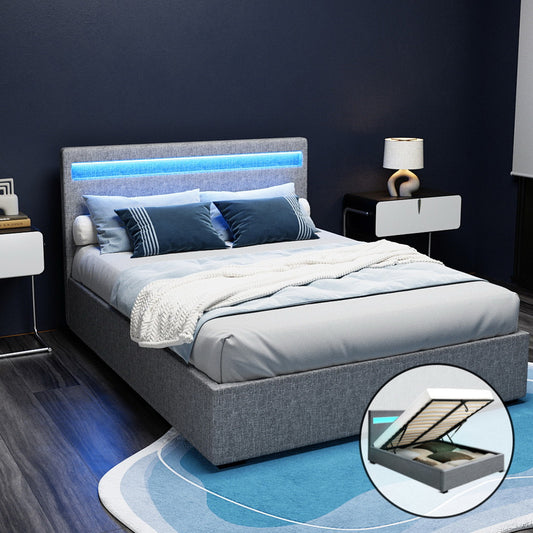 Artiss Bed Frame Double Size LED Gas Lift Grey COLE - Furniture > Bedroom > Beds & Bed Frames