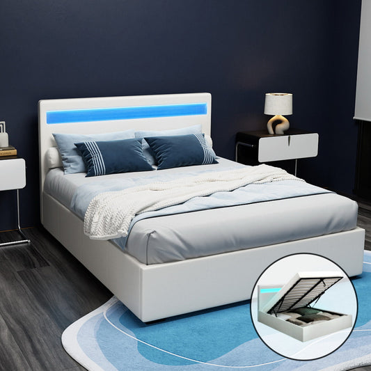 Artiss Bed Frame Double Size LED Gas Lift White COLE - Furniture > Bedroom > Beds & Bed Frames