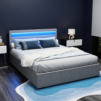 Artiss Bed Frame Queen Size LED Gas Lift Grey COLE - Furniture > Bedroom > Beds & Bed Frames