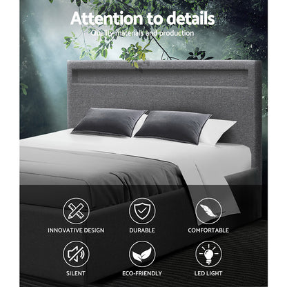 Artiss Bed Frame Queen Size LED Gas Lift Grey COLE - Furniture > Bedroom > Beds & Bed Frames