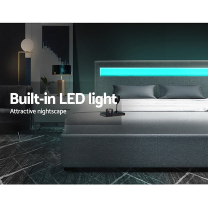 Artiss Bed Frame Queen Size LED Gas Lift Grey COLE - Furniture > Bedroom > Beds & Bed Frames