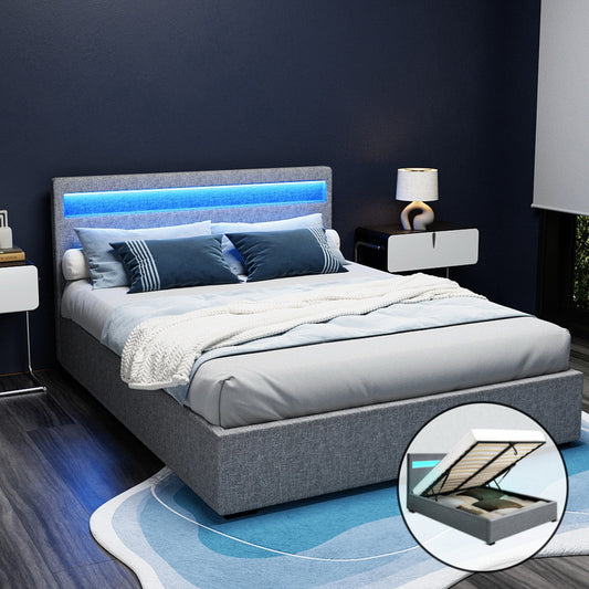 Artiss Bed Frame Queen Size LED Gas Lift Grey COLE - Furniture > Bedroom > Beds & Bed Frames