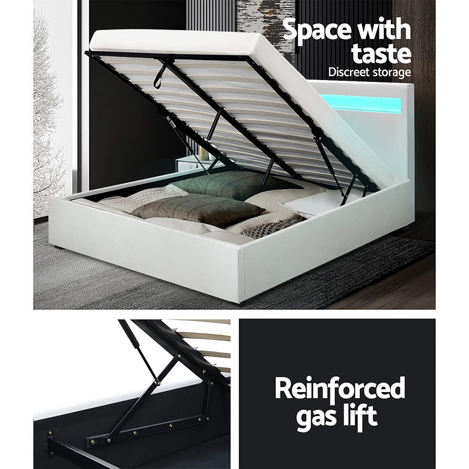 Artiss Bed Frame Queen Size LED Gas Lift White COLE Furniture > Bedroom > Beds & Bed Frames