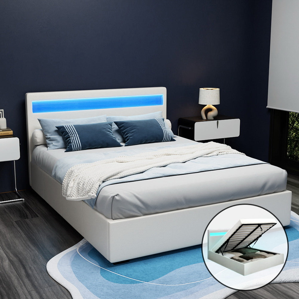 Artiss Bed Frame Queen Size LED Gas Lift White COLE Furniture > Bedroom > Beds & Bed Frames