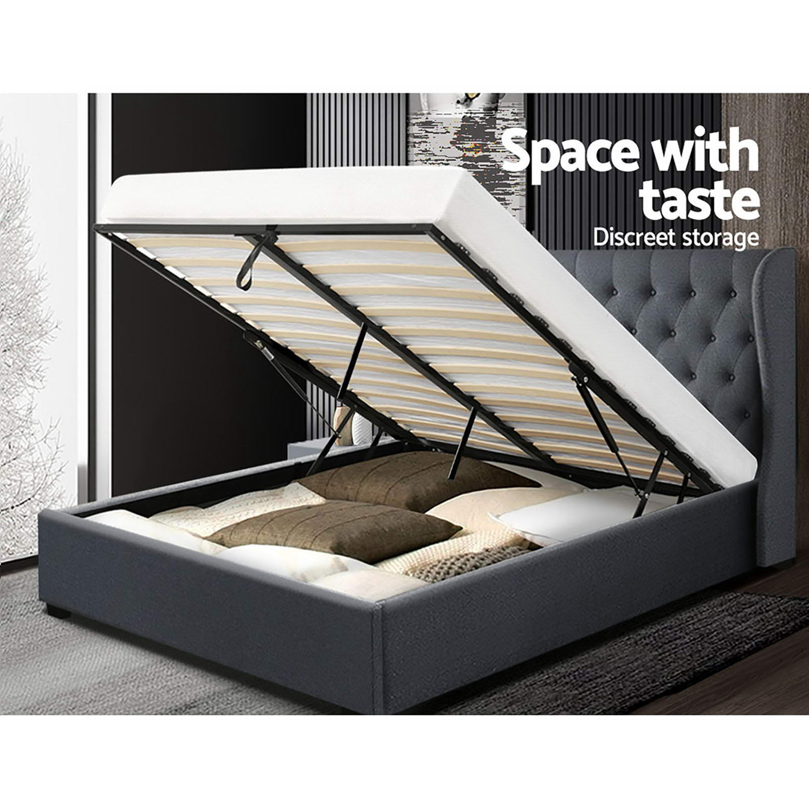 Artiss Bed Frame Queen Size Gas Lift Charcoal ISSA - Furniture > Bedroom > Beds & Bed Frames