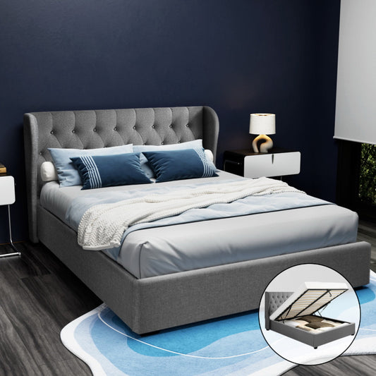 Artiss Bed Frame Queen Size Gas Lift Grey ISSA - Furniture > Bedroom > Beds & Bed Frames