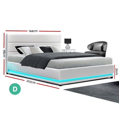 Artiss Bed Frame Double Size LED Gas Lift White LUMI - Furniture > Bedroom > Beds & Bed Frames