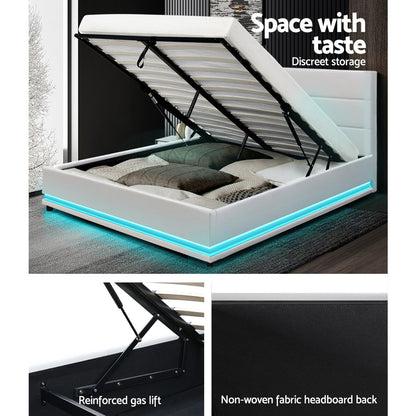 Artiss Bed Frame Double Size LED Gas Lift White LUMI - Furniture > Bedroom > Beds & Bed Frames