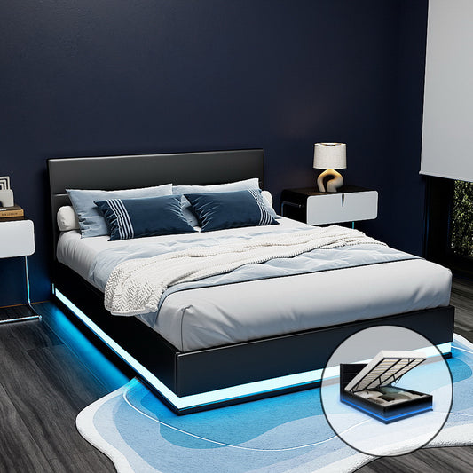 Artiss Bed Frame King Size LED Gas Lift Black LUMI - Furniture > Bedroom > Beds & Bed Frames